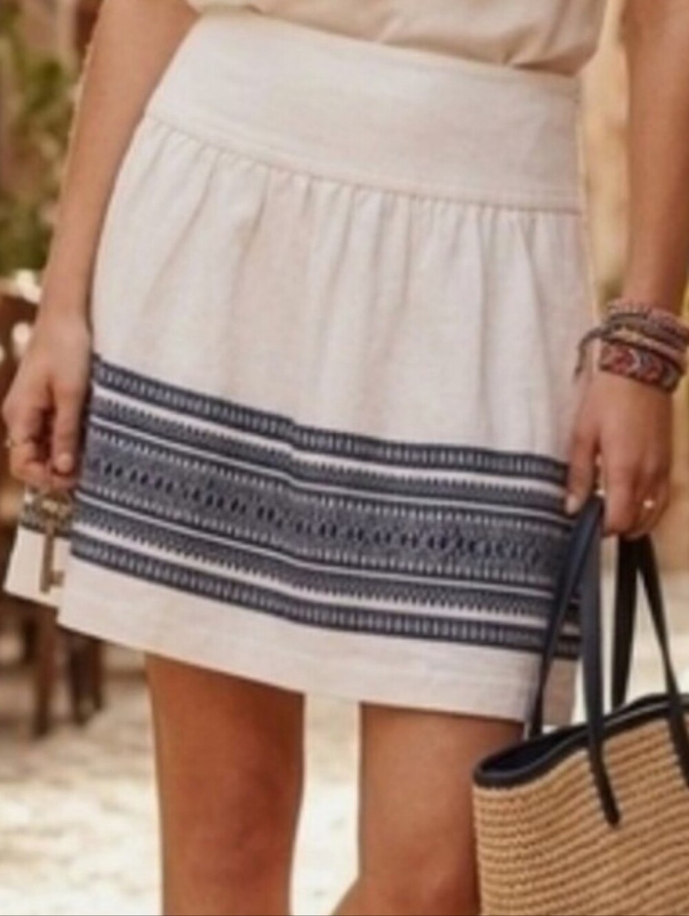 Madewell White Navy Embroidered Cotton Linen Mini Skirt 4